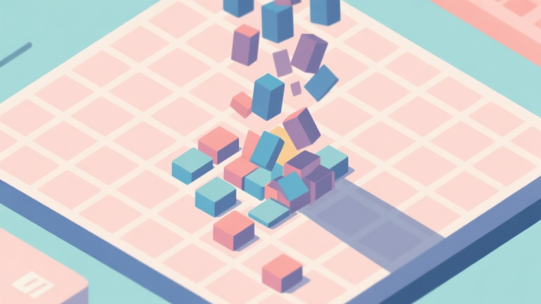 自动生成图片: A top-down view of a tetra blocks game grid in soft pastel colors, showing a perfectly cleared board with a satisfying cascade of disappearing blocks, minimalist flat design high quality illustration, detailed, 16:9
