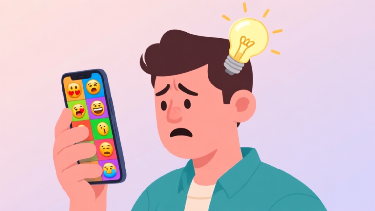 自动生成图片: A frustrated player looking at a phone screen filled with colorful emoji puzzles, with a lightbulb moment appearing above their head, soft pastel background high quality illustration, detailed, 16:9