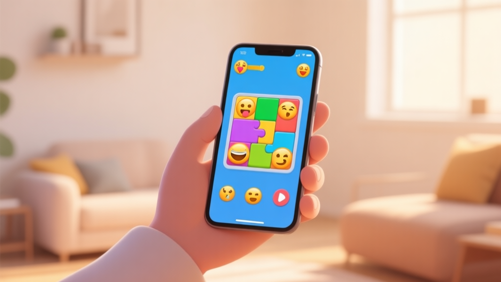 A cozy, inviting mobile gaming setup showing a hand holding a phone displaying a colorful emoji puzzle game, with soft natural light and a warm, minimalist background high quality illustration, detailed, 16:9