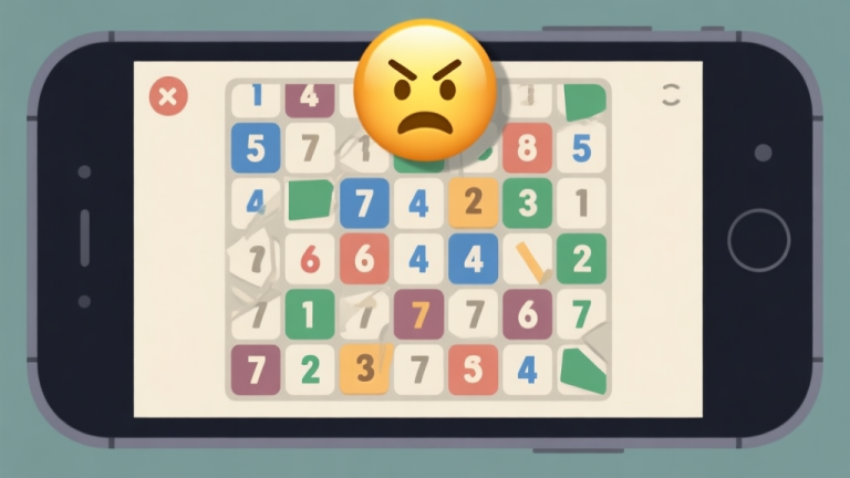 自动生成图片: A cluttered mobile game screen showing a grid filled with mismatched numbers and no clear moves, in a flat design style with a frustrated emoji hovering above, using a muted color palette high quality illustration, detailed, 16:9