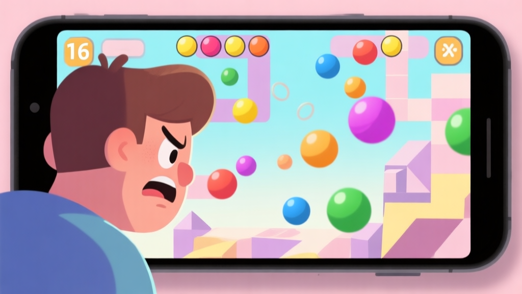 A frustrated player looking at a mobile screen showing a chaotic bounce ball game level, with colorful balls bouncing unpredictably against geometric obstacles, soft pastel color palette, cartoonish style high quality illustration, detailed, 16:9