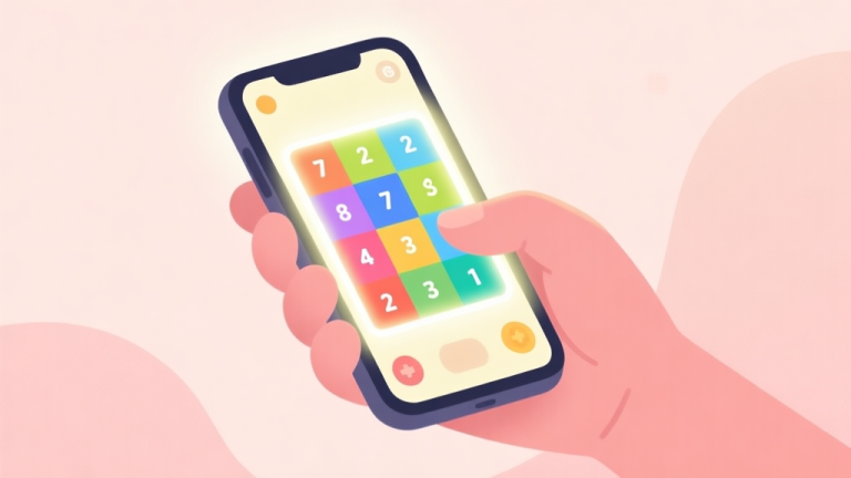 自动生成图片: A minimalist, cozy illustration of a hand holding a smartphone, screen glowing with colorful numbered tiles from a puzzle game, soft pastel background, flat design style high quality illustration, detailed, 16:9