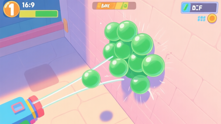 自动生成图片: A top-down view of a colorful bubble shooter game in progress, showing a calculated bank shot ricocheting off the wall to hit a cluster of green bubbles, with subtle trajectory lines visible, soft pastel color palette high quality illustration, detailed, 16:9