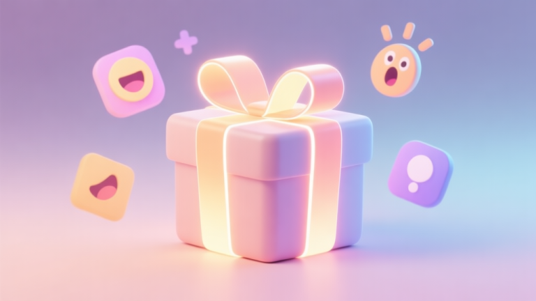 自动生成图片: A stylized, inviting video game gift box with a glowing ribbon, placed on a soft gradient background, surrounded by abstract icons representing joy, surprise, and anticipation, in a soft pastel color scheme high quality illustration, detailed, 16:9