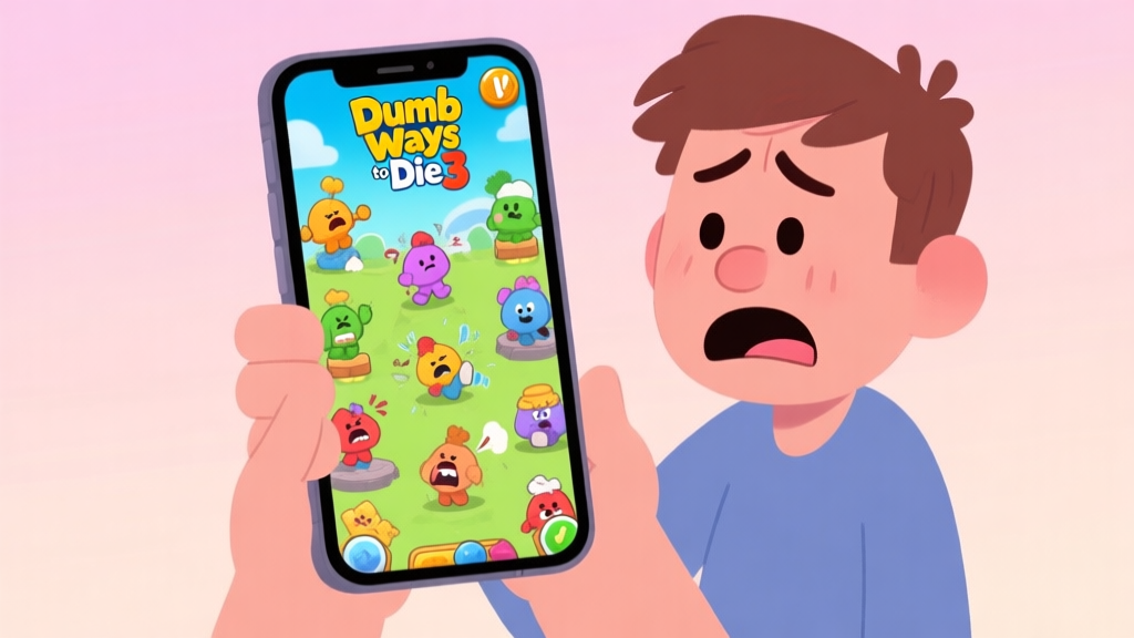 A frustrated player looking at a smartphone screen showing multiple chaotic mini-games from Dumb Ways to Die 3, with cute characters failing in funny ways, soft pastel background high quality illustration, detailed, 16:9