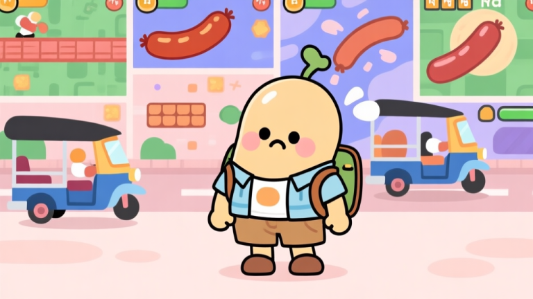 自动生成图片: Cute, clumsy bean-shaped character in a tourist outfit looking confused in front of multiple chaotic game scenes (sausage choking, tuk-tuk dodging), flat cartoon style, soft pastel colors, clean lines high quality illustration, detailed, 16:9