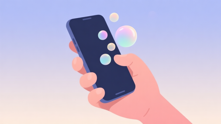 自动生成图片: A minimalist, calming illustration of a hand holding a smartphone, with soft-colored bubbles floating from the screen towards the viewer, set against a soft gradient background high quality illustration, detailed, 16:9