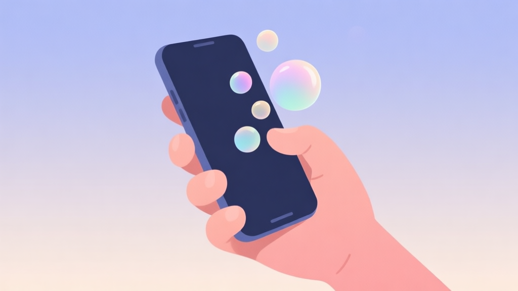 A minimalist, calming illustration of a hand holding a smartphone, with soft-colored bubbles floating from the screen towards the viewer, set against a soft gradient background high quality illustration, detailed, 16:9