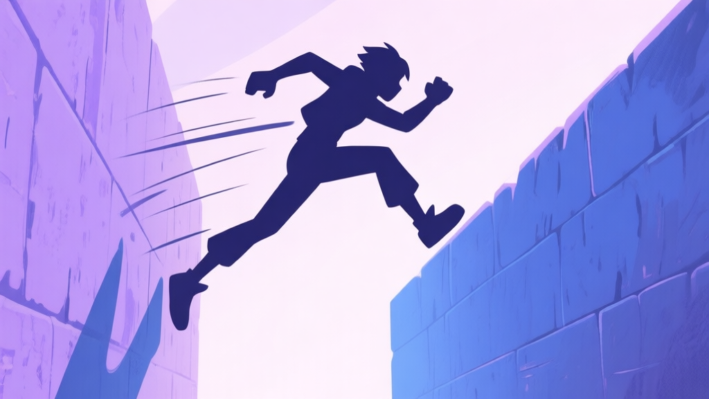 A stylized, side-view silhouette of a game character mid-wall jump between two close, textured walls, with motion lines emphasizing the push-off, in a soft purple and blue color palette high quality illustration, detailed, 16:9