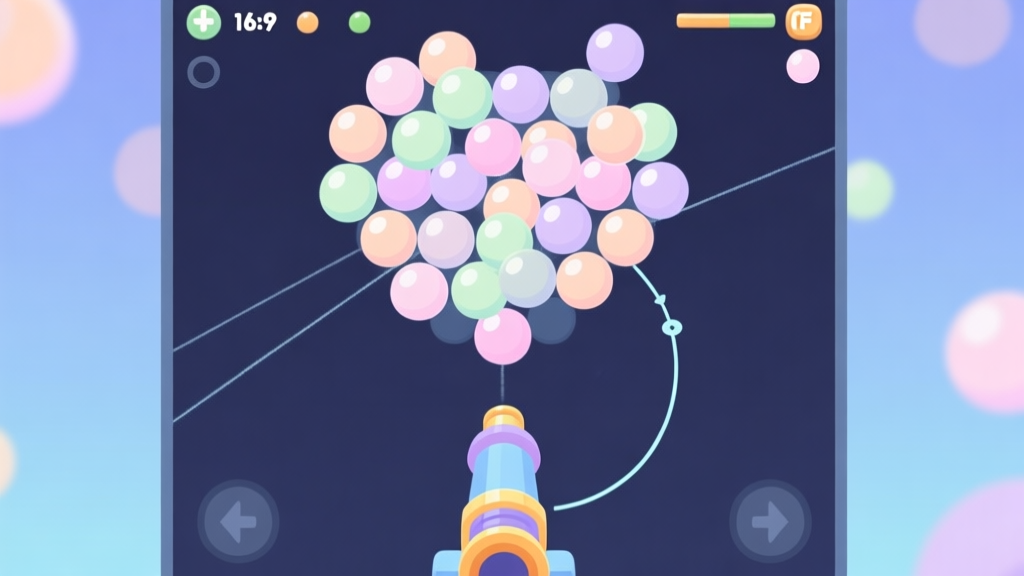 A top-down view of a challenging Bubble Shooter RF level screen, with a complex cluster of bubbles in soft pastel colors, a shooter cannon at the bottom, and subtle trajectory lines indicating strategic paths, minimalist game UI style high quality illustration, detailed, 16:9