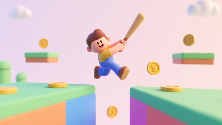 自动生成图片: A cheerful, minimalist 3D game scene showing a cartoon character mid-swing over a colorful gap, with simple floating coins and platforms, soft pastel background, clean and inviting aesthetic high quality illustration, detailed, 16:9