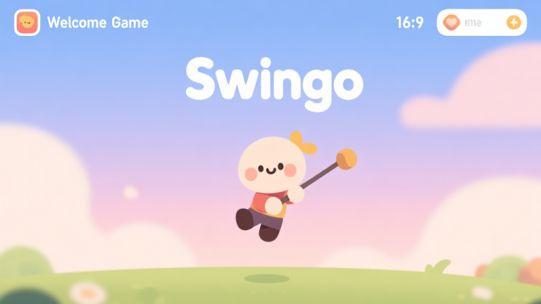 自动生成图片: A welcoming, minimalist game title screen for a fictional mobile game called "Swingo", featuring a cute character mid-swing against a soft pastel sky, clean UI elements, friendly and inviting atmosphere high quality illustration, detailed, 16:9
