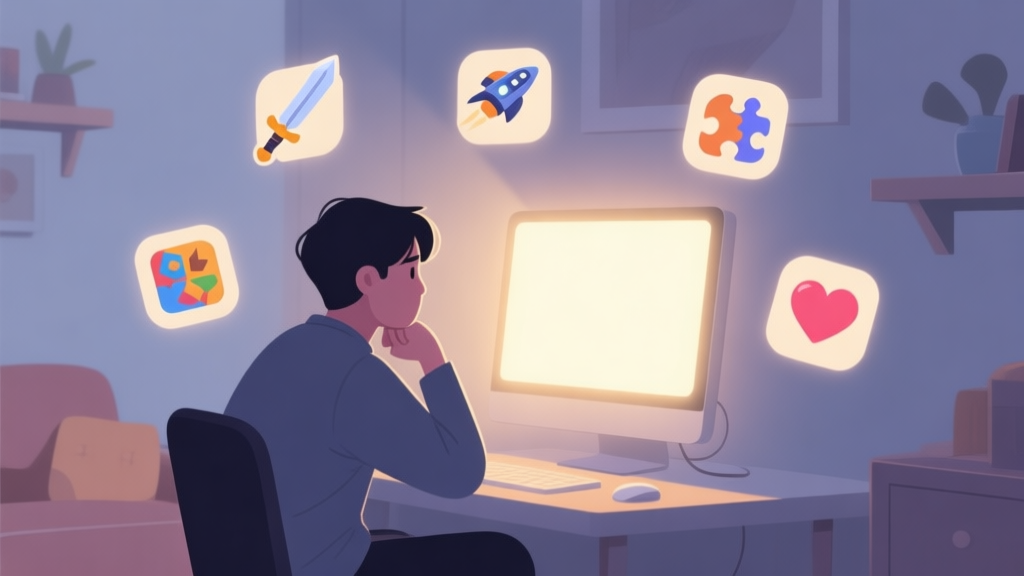 A person sitting thoughtfully in front of a glowing computer screen, surrounded by floating icons representing different game genres (sword, spaceship, puzzle piece, heart), in a cozy room with soft lighting, minimalist illustration style high quality illustration, detailed, 16:9