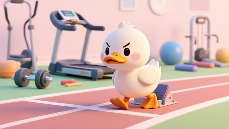 自动生成图片: A cute cartoon duck looking determined, standing at the starting line of a race track, with various training equipment like a treadmill and weights in the background, soft pastel color scheme high quality illustration, detailed, 16:9