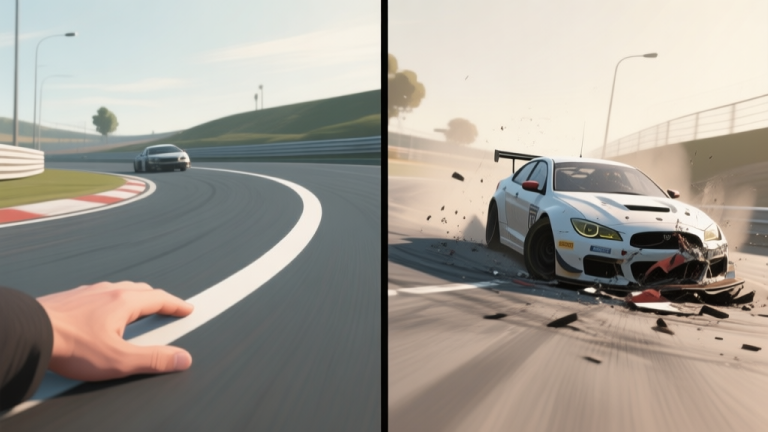 自动生成图片: Split-screen comparison of a successful right-hand turn (clean racing line) and a failed one (car spinning out), in a sim racing game visual style, soft lighting, neutral color palette high quality illustration, detailed, 16:9