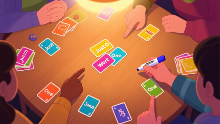 自动生成图片: A cozy, softly lit game night scene from a top-down view, showing colorful Just One word cards scattered on a wooden table, a dry-erase marker in hand, and hands of diverse players pointing and interacting, with a warm, inviting color palette high quality illustration, detailed, 16:9