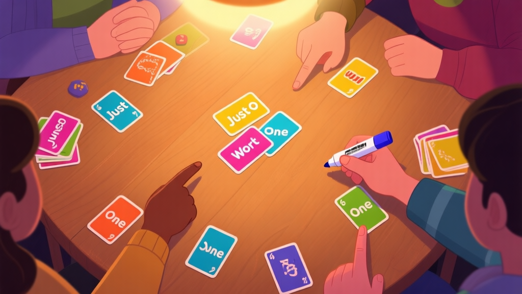 A cozy, softly lit game night scene from a top-down view, showing colorful Just One word cards scattered on a wooden table, a dry-erase marker in hand, and hands of diverse players pointing and interacting, with a warm, inviting color palette high quality illustration, detailed, 16:9