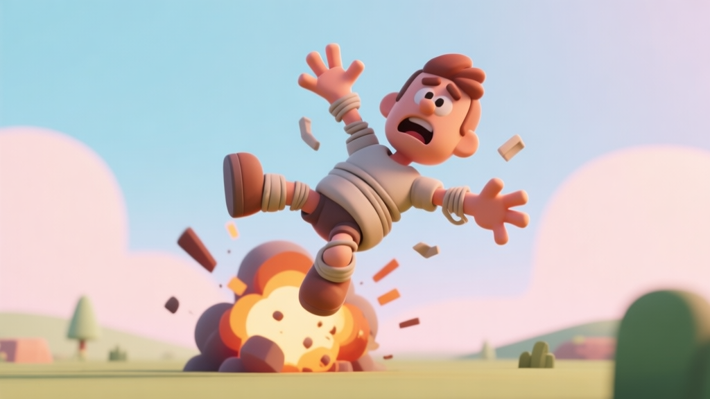 A humorous 3D render of a cartoonish video game character in a ragdoll state, mid-air after an explosion, with limbs flailing awkwardly against a soft pastel sky and simple landscape, flat shaded colors high quality illustration, detailed, 16:9