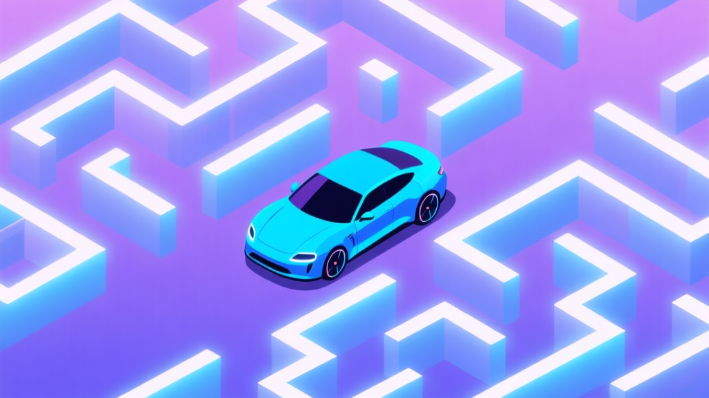 A top-down view of a sleek neon-blue car navigating a complex, glowing maze with dead ends and multiple paths, soft purple and blue gradient background, clean vector illustration high quality illustration, detailed, 16:9