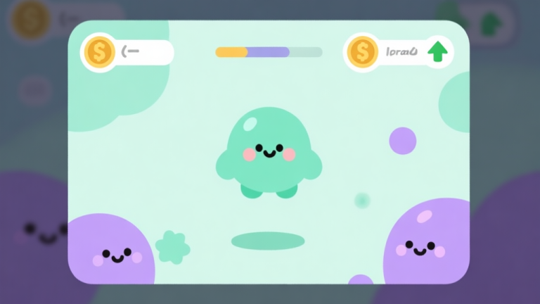 自动生成图片: A cozy, minimalist game interface illustration showing a simple idle game screen with cute blobs, soft pastel colors like mint green and lavender, clean icons for coins and upgrades, flat design style high quality illustration, detailed, 16:9