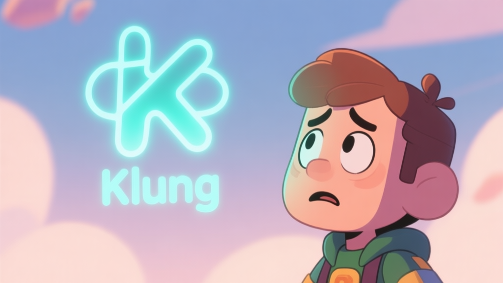 A confused video game character looking at a glowing, abstract symbol labeled "Klung" floating in the air, cartoon style, soft pastel colors high quality illustration, detailed, 16:9