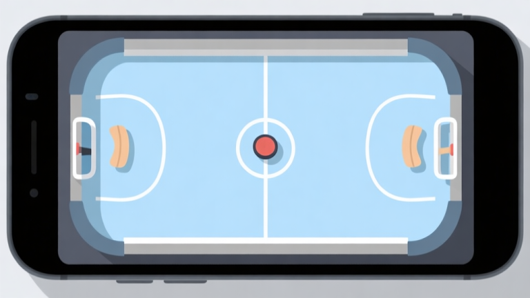 自动生成图片: A minimalist, top-down view of a digital pocket hockey table on a mobile screen, showing a puck in the center and two paddles at each end, soft blue and grey color scheme, clean lines, flat design style high quality illustration, detailed, 16:9