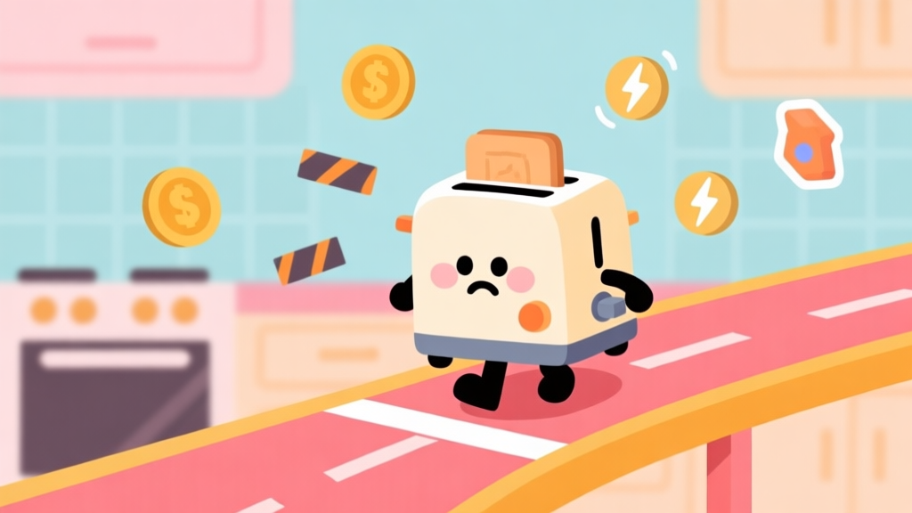 A cute, slightly worried-looking toaster character standing at the start line of a vibrant kitchen counter track, with simple icons of coins, obstacles, and power-ups floating in the background, soft pastel colors, flat illustration style high quality illustration, detailed, 16:9