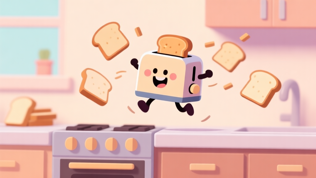 A cheerful, stylized 2D game scene showing a cute toaster character mid-jump over a kitchen counter, with slices of toast flying in the background. Soft pastel colors, clean lines, and a warm, inviting atmosphere. high quality illustration, detailed, 16:9