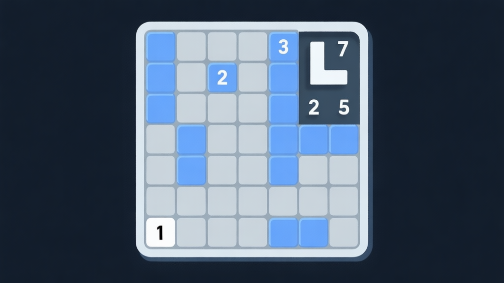 A clean, minimalist digital illustration of a partially solved Minesweeper 3 board on a dark background. A few safe tiles are revealed with numbers (1, 2), and one corner shows a classic "L-shaped" pattern of numbers hinting at a mine location. Soft blue and grey color scheme. high quality illustration, detailed, 16:9