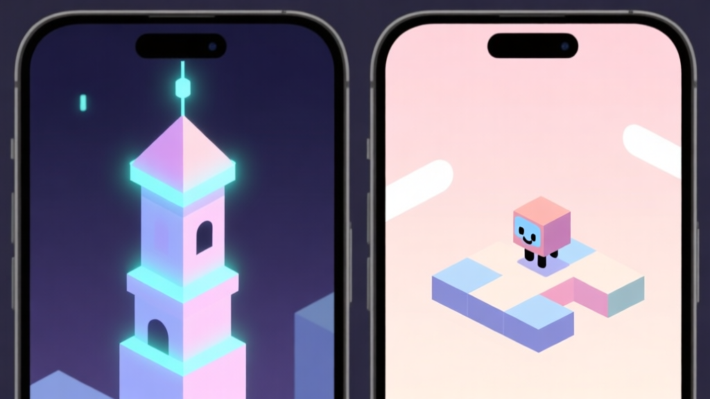 Side-by-side comparison of two mobile game screens, left showing a minimalist geometric tower with soft neon glow, right showing a tiny square character on a simple puzzle platform, clean flat design, pastel colors high quality illustration, detailed, 16:9
