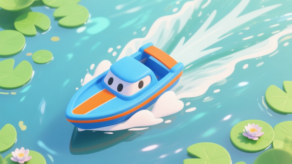 A top-down view of a cartoonish blue racing boat with a vibrant orange stripe, creating a dynamic V-shaped wake on a shimmering pond surface, surrounded by green lily pads, in a soft pastel color palette high quality illustration, detailed, 16:9