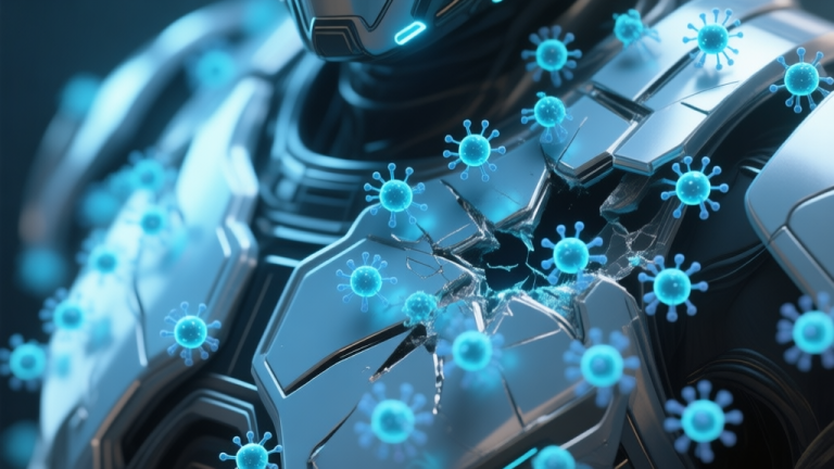 自动生成图片: A close-up, detailed view of a swarm of glowing nanobots repairing a futuristic armor plating, soft blue and silver color scheme, digital art style high quality illustration, detailed, 16:9