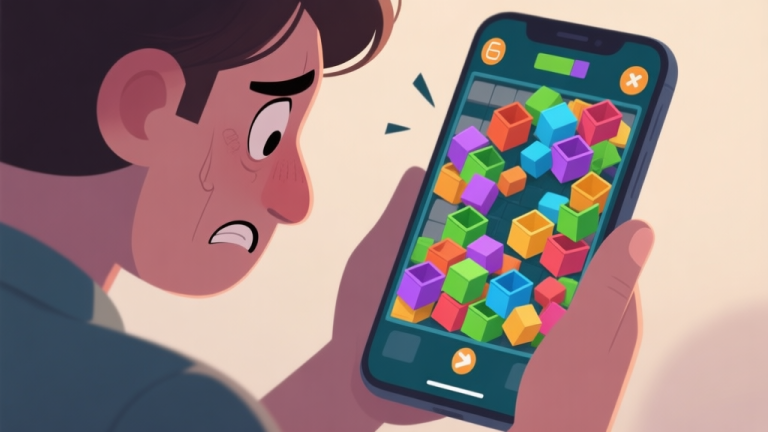 自动生成图片: A frustrated player looking at a complex puzzle game screen on a mobile device, with colorful boxes in a messy state, soft lighting, muted colors high quality illustration, detailed, 16:9