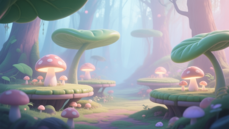 自动生成图片: A serene, magical forest scene with soft glowing mushrooms and platforms that look like giant, rubbery leaves, all rendered in a soft pastel color palette with gentle lighting high quality illustration, detailed, 16:9