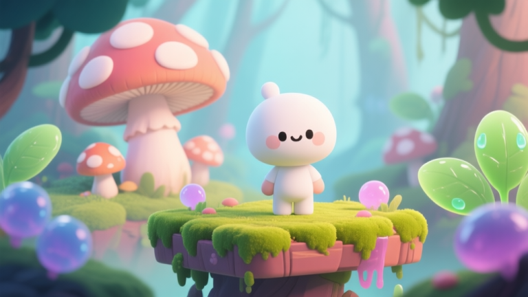 自动生成图片: A cute, minimalist character standing on a vibrant, mossy platform in a magical forest, with oversized bouncy mushrooms and gelatinous leaves in the background, soft pastel color palette, 2D game art style high quality illustration, detailed, 16:9