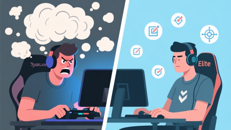 自动生成图片: Split-screen illustration showing a frustrated gamer on left with chaotic thought bubbles, and a calm, focused elite gamer on right with clear strategic icons floating around, in a soft blue and dark grey color scheme high quality illustration, detailed, 16:9