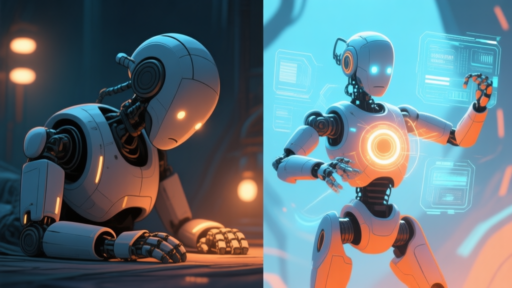 A split-screen illustration showing a dormant robot with dim lights on one side, and an awakened robot with glowing core, active HUD overlays, and dynamic pose on the other, in a soft sci-fi color palette of blues and oranges high quality illustration, detailed, 16:9