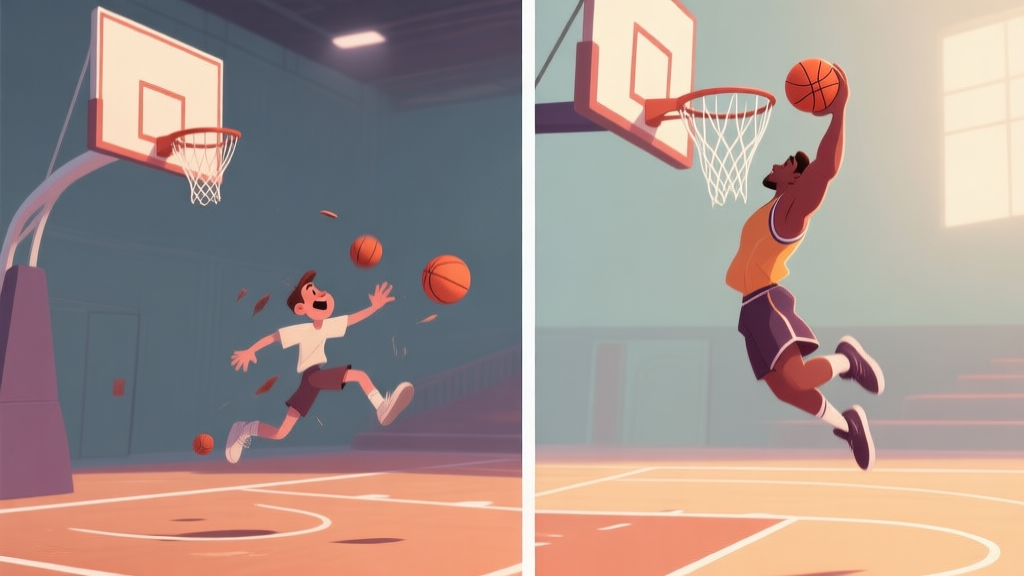 A split-screen illustration showing the contrast between a failed dunk attempt (character fumbling, ball flying away) and a successful powerful bouncy dunk (smooth motion, net swishing), in a stylized basketball court with soft lighting and muted colors high quality illustration, detailed, 16:9