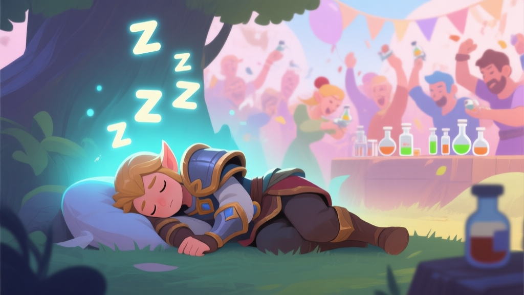 A stylized, serene game scene showing a fantasy warrior character peacefully asleep under a magical spell, with Zzz icons floating above, contrasted against a frantic party in the background preparing antidotes, soft pastel color palette high quality illustration, detailed, 16:9
