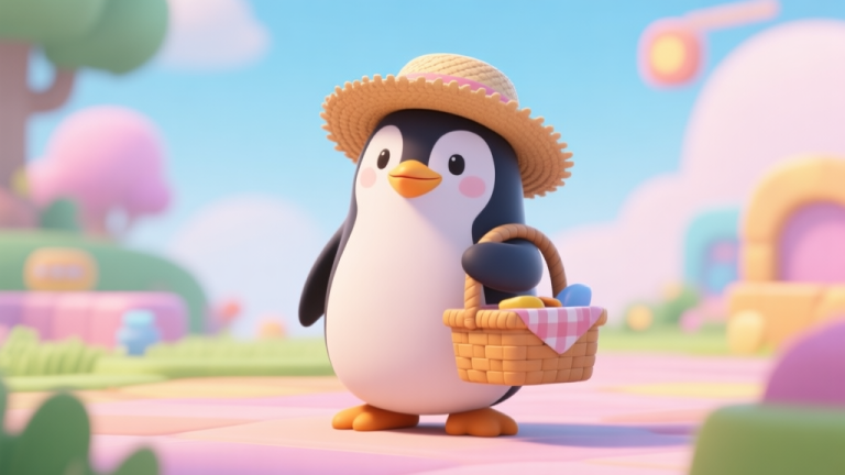 自动生成图片: A charming, stylized penguin character with a straw hat and picnic basket, standing in a vibrant game environment, soft pastel color palette, 3D render style, friendly and inviting atmosphere high quality illustration, detailed, 16:9