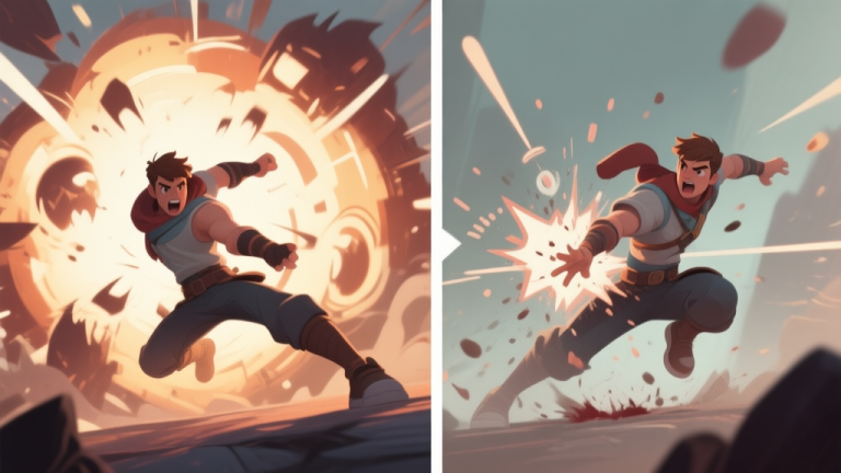 自动生成图片: Split-screen game illustration showing a character successfully performing a double dodge through a massive enemy AoE attack on one side, and the same character getting hit on the other side, with visual cues highlighting dodge frames and timing, soft particle effects, muted color palette high quality illustration, detailed, 16:9