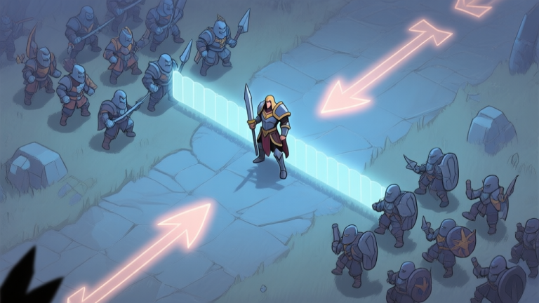 自动生成图片: A top-down view of a fantasy game battlefield, with two groups of units separated. One hero character is positioned strategically, creating an invisible barrier that redirects the path of enemy minions, illustrated with soft glowing arrows showing the diverted path, in a muted color palette of blues and greys high quality illustration, detailed, 16:9