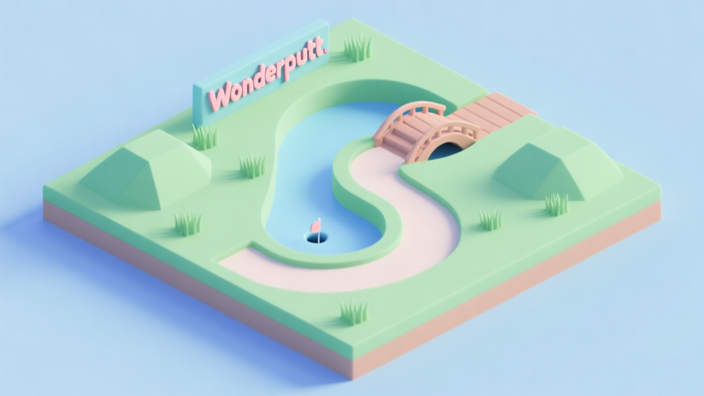 A serene, isometric view of a stylized mini golf hole from Wonderputt, featuring clean geometric grass, a winding path with a small bridge, and the hole at the end, soft pastel color palette with mint green and light blue, flat design style high quality illustration, detailed, 16:9