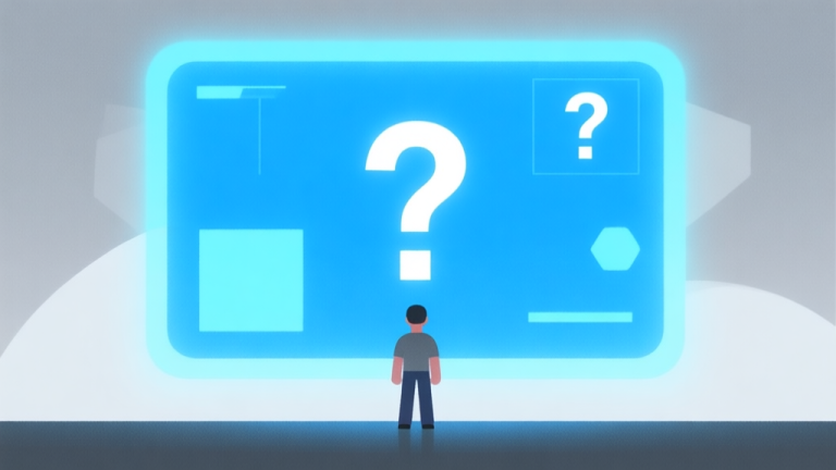 自动生成图片: A minimalist, slightly abstract illustration of a new player character standing before a large, glowing blue interface with question marks and simple geometric shapes, soft blue and grey color scheme, conveying a sense of initial confusion and discovery high quality illustration, detailed, 16:9