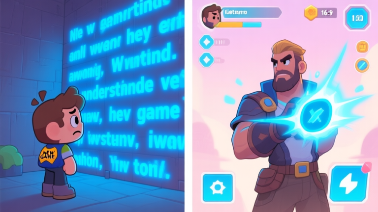 自动生成图片: A split-screen illustration showing a confused new game character on the left facing a wall of glowing blue text, and on the right, a confident veteran player with clear UI indicators and skill effects emanating from understanding the same blue text, in a soft pastel game art style high quality illustration, detailed, 16:9
