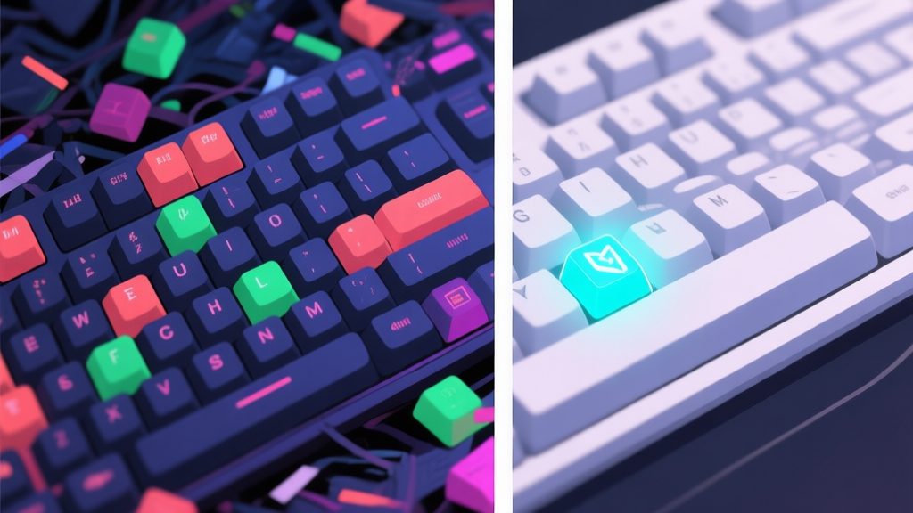 A split-screen image showing a chaotic game keyboard with many highlighted keys on one side, and a clean, minimalist keyboard with a single glowing key on the other, representing the concept of OneKey simplification high quality illustration, detailed, 16:9