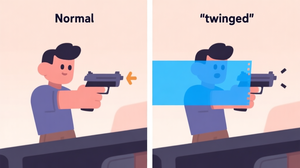 Split-screen illustration showing a game character performing a normal reload animation versus a "twanged" reload with a canceled animation frame, highlighted in blue, minimalist style with soft colors high quality illustration, detailed, 16:9
