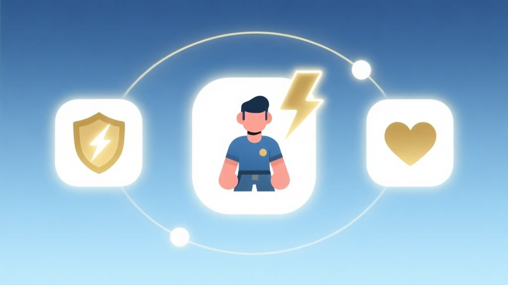 A minimalist, clean illustration showing a central game character surrounded by three different types of glowing companion icons (a shield, a lightning bolt, and a heart), with soft connecting lines and a light blue/white/gold color palette, flat design style high quality illustration, detailed, 16:9