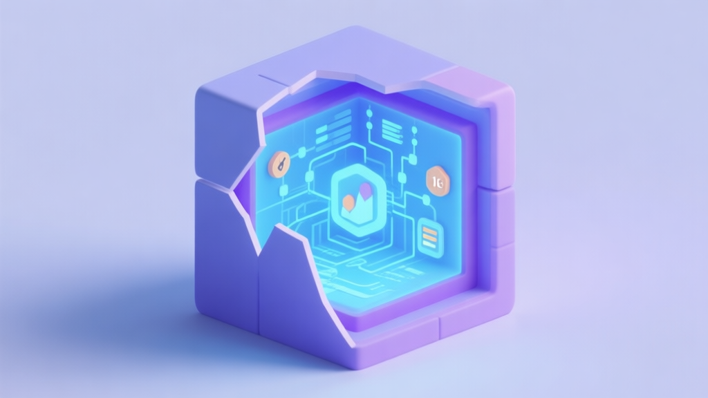 A minimalist 3D illustration of a game world cube with hidden, glowing layers peeling back to reveal intricate data networks and stat icons inside, soft blue and purple color scheme, flat design style high quality illustration, detailed, 16:9