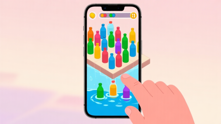 自动生成图片: A frustrating Water Sort Puzzle game screen on a mobile phone, showing a complex level with many colored bottles, some colors are trapped at the bottom, a hand hovering over the screen in hesitation, soft pastel color palette high quality illustration, detailed, 16:9